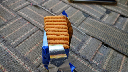 28 September 2020 : Reengus, Jaipur, India : Patanjaly biscuits isolated on fabric cot .のeditorial素材