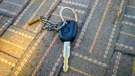 22 November 2020 : Reengus, Jaipur, India. Close up of a car key ring and remote control alarm system charm in new vehicle interior.のeditorial素材
