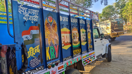 02 November 2020 : Reengus, Jaipur, India / Colorfully decorated truck on a SikarâJaipur Expressway NH52 near Jaipur, Indiaのeditorial素材