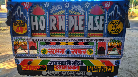 02 November 2020 : Reengus, Jaipur, India / Back View of a Colorful Indian Mini Truck.のeditorial素材