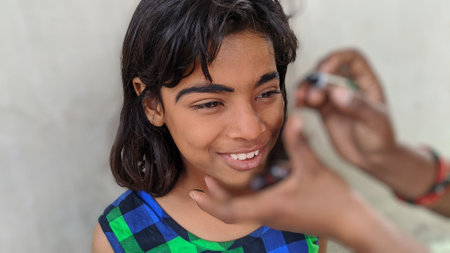 15 October 2020 : Reengus, Jaipur, India.
Little cute Indian girl ready to performing for upcoming festival Christmas Day.Christmas festival in India.のeditorial素材