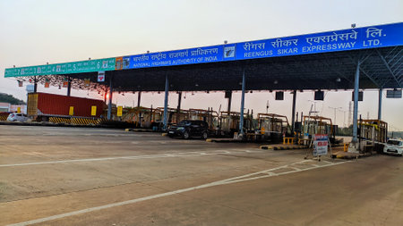02 November 2020 : Reengus, Jaipur, India / Side view of toll tax on NHAI with vehicle barricade scene.のeditorial素材