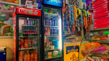 November 2020- Mahroli, Jaipur, India / Soda soft drinks in refrigerator to drink in summer. Many branded soft drinks in a hotel.のeditorial素材