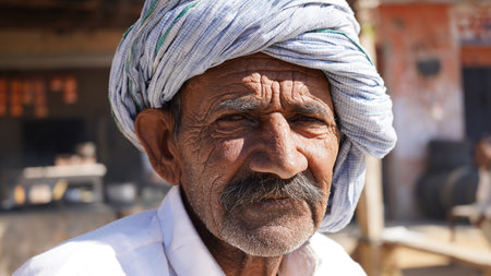 May 2020- Mahroli, Jaipur, India. Selective focus on Wrinkled face of aged Indian man who is sad and suffering from unemployment issue, during covid 19 pandemic.のeditorial素材