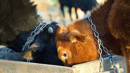 Morning time, In golden sunlight Two little calf or Jersey cow kid feeding fodder in fodder cot with blurred background. Animal Husbandry and Dairy concept.の写真素材