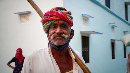 15 May 2021- Reengus, Sikar, India. Unidentified Rajasthani old man with his walrus moustache.のeditorial素材
