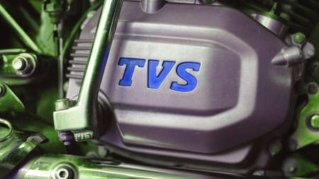 05 October 2021 Reengus, Rajasthan, India. Picture of a TVS motorcycle Radeon engine with its logo.