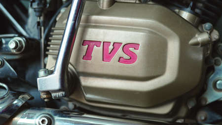05 October 2021 Reengus, Rajasthan, India. Picture of a TVS motorcycle Radeon engine with its logo.のeditorial素材