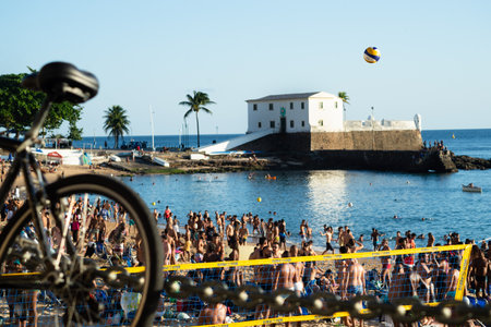 Salvador, Bahia, Brazil - May 21, 2021: Many people flock to the beach at Porto da Barra, in Salvador, without the slightest concern about covid-19 contamination.のeditorial素材