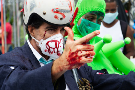 Salvador, Bahia, Brazil - July 24, 2021: Protesters protest against President Jair Bolsonaro's government through the streets of downtown Salvador, Bahia. Everyone wants his exit from the government.のeditorial素材