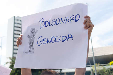 Salvador, Bahia, Brazil - May 29, 2021: Protesters protest against the government of President Jair Bolsonaro in the city of Salvador.のeditorial素材