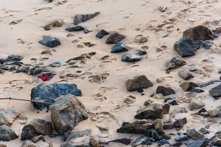Rocks in the sands of Ondina beach on a sunny day. Salvador, Bahia, Brazil.の写真素材