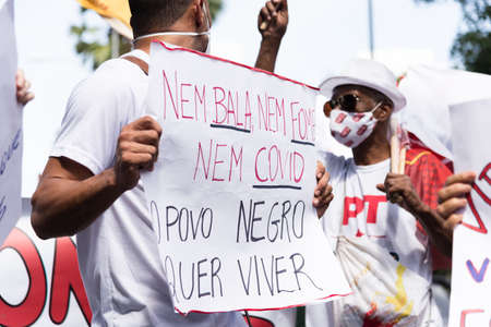 Salvador, Bahia, Brazil - May 29, 2021: Protesters protest against the government of President Jair Bolsonaro in the city of Salvador.のeditorial素材