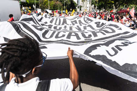 Salvador, Bahia, Brazil - May 29, 2021: Protesters protest against the government of President Jair...