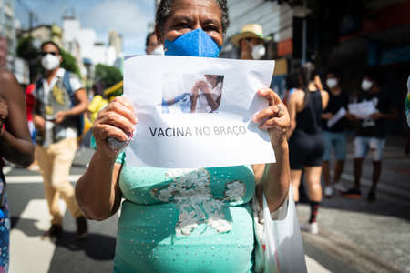 Salvador, Bahia, Brazil - May 29, 2021: Protesters protest against the government of President Jair...