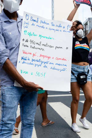 Salvador, Bahia, Brazil - May 29, 2021: Protesters protest against the government of President Jair Bolsonaro in the city of Salvador.のeditorial素材