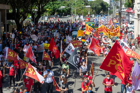 Salvador, Bahia, Brazil - September 07, 2021: Protesters protest against the government of President Jair Bolsonaro in the city of Salvador.のeditorial素材