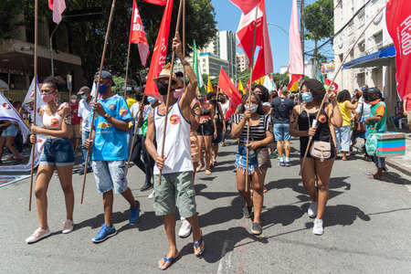 Salvador, Bahia, Brazil - September 07, 2021: Protesters protest against the government of President Jair Bolsonaro in the city of Salvador.のeditorial素材