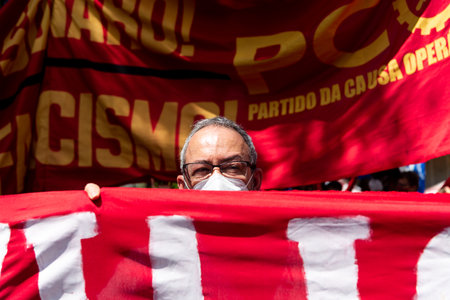 Salvador, Bahia, Brazil - September 07, 2021: Protesters protest against the government of President Jair Bolsonaro in the city of Salvador.のeditorial素材