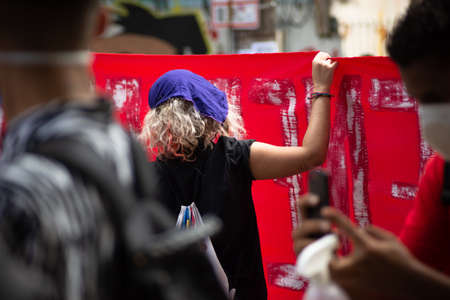 Salvador, Bahia, Brazil - May 29, 2021: Protesters protest against the government of President Jair Bolsonaro in the city of Salvador.のeditorial素材