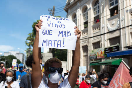 Salvador, Bahia, Brazil - May 29, 2021: Protesters protest against the government of President Jair...