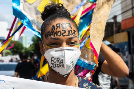 Salvador, Bahia, Brazil - May 29, 2021: Protesters protest against the government of President Jair Bolsonaro in the city of Salvador.のeditorial素材