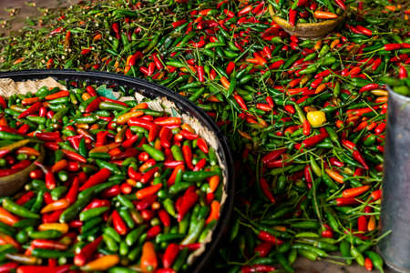 Green, yellow and red peppers for sale at the famous and grandiose SÃ£o Joaquim fair. Salvador,...