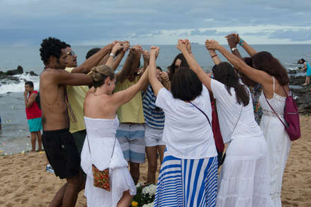 Salvador, Bahia, Brazil - February 02, 2016: Member of the candomble religions participates in a party in honor of Yemanja in the city of Salvador.のeditorial素材