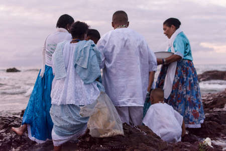 Salvador, Bahia, Brazil - February 02, 2016: Member of the candomble religions participates in a party in honor of Yemanja in the city of Salvador.のeditorial素材