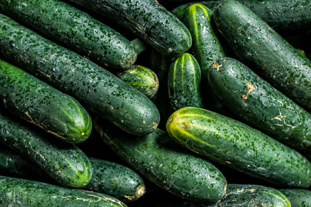 Delicious green cucumbers for sale at Feira de Sao Joaquim. Salvador Bahia Brazil.の写真素材