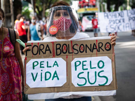Salvador, Bahia, Brazil - June 19, 2021: Protesters protest against the government of President Jair...