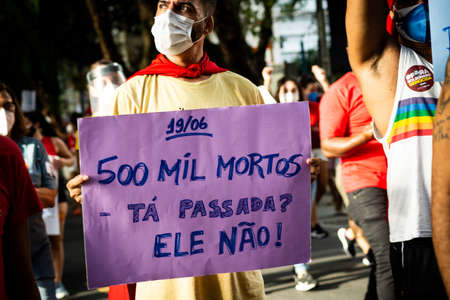 Salvador, Bahia, Brazil - June 19, 2021: Protesters protest against the government of President Jair...