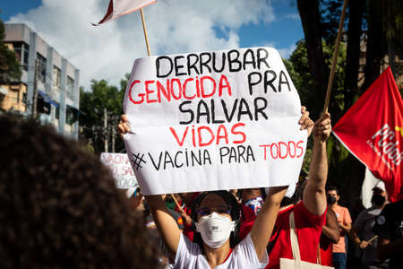 Salvador, Bahia, Brazil - June 19, 2021: Protesters protest against the government of President Jair Bolsonaro in the city of Salvador.のeditorial素材