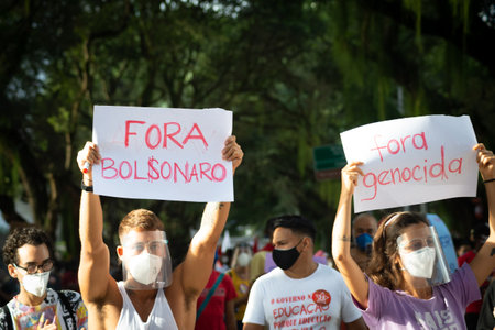 Salvador, Bahia, Brazil - June 19, 2021: Protesters protest against the government of President Jair Bolsonaro in the city of Salvador.のeditorial素材