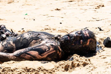 Man performs theatrical performance of Garlic and Oil on the Porto da Barra beach in Salvador. It is completely covered in black paint, garlic and oil. Salvador Bahia Brazil.の写真素材