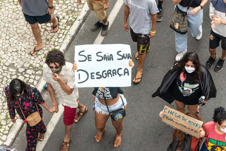 Salvador, Bahia, Brazil - July 03, 2021: Brazilians protest against the government of President Jair...