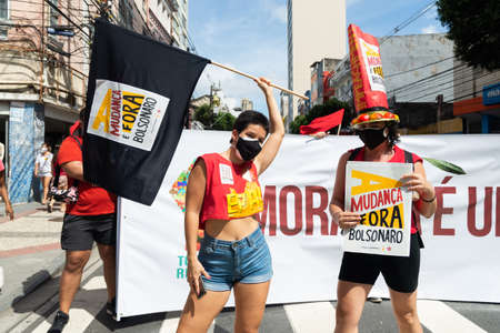 Salvador, Bahia, Brazil - May 29, 2021: Protesters protest against the government of President Jair Bolsonaro in the city of Salvador.のeditorial素材
