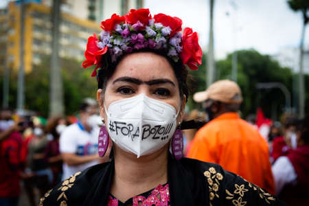Salvador, Bahia, Brazil - July 03, 2021: Brazilians protest against the government of President Jair...