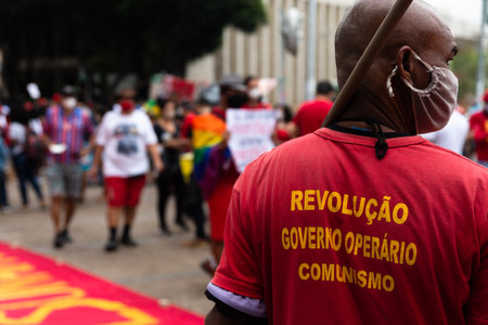 Salvador, Bahia, Brazil - July 03, 2021: Brazilians protest against the government of President Jair Bolsonaro in the city of Salvador.のeditorial素材
