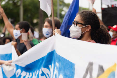 Salvador, Bahia, Brazil - July 03, 2021: Brazilians protest against the government of President Jair Bolsonaro in the city of Salvador.のeditorial素材