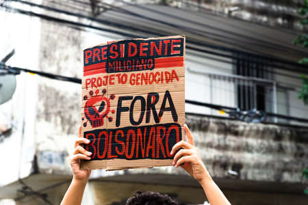 Salvador, Bahia, Brazil - July 03, 2021: Brazilians protest against the government of President Jair Bolsonaro in the city of Salvador.のeditorial素材