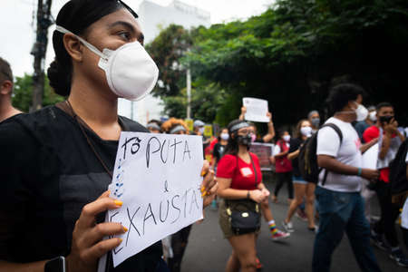 Salvador, Bahia, Brazil - July 03, 2021: Brazilians protest against the government of President Jair...