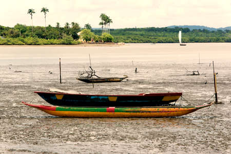 Canoes and boats moored on the river waiting for high tide to fish. Sao Francisco do Conde, Bahia,...