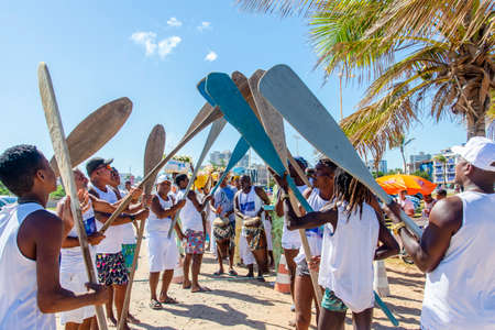 Salvador, Bahia, Brazil - January 20, 2019: Traditional party in honor of Iemanja, the queen of the sea, where gifts are taken to the sea by members of the religion.のeditorial素材