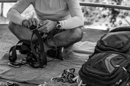Salvador, Bahia, Brazil - September 17, 2017: Rappel practitioners preparing the equipment to perform the activity next. Salvador Bahia Brazil.のeditorial素材