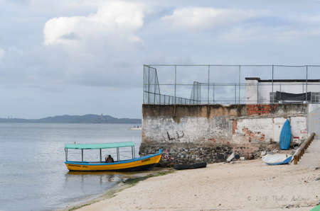 Salvador, Bahia, Brazil - January 09, 2015: Fishing and tour boats docked at Ribeira marina in Salvador city, Bahia, Brazil.のeditorial素材