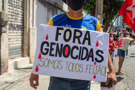 Salvador, Bahia, Brazil - September 07, 2021: Brazilians protest with banners and posters against the government of President Jair Bolsonaro in the city of Salvador, in the state of Bahia.のeditorial素材