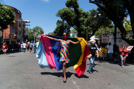 Salvador, Bahia, Brazil - September 07, 2021: Brazilians protest with banners and posters against the government of President Jair Bolsonaro in the city of Salvador, in the state of Bahia.のeditorial素材