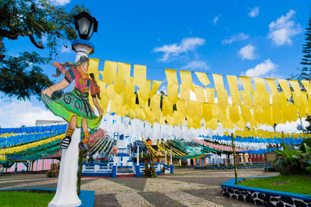Taperoa, Bahia, Brazil - July 01, 2018: View of a square decorated for the Festa Junina de Sao Joao in the city of Taperoa in Bahia, Brazil.のeditorial素材
