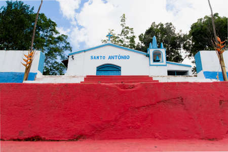 Nilo Pecanha, Bahia, Brazil - July 01, 2018: Low view of the Catholic Church of Santo Antonio in the countryside of the city of Nilo Pecanha in the Brazilian state of Bahia.のeditorial素材